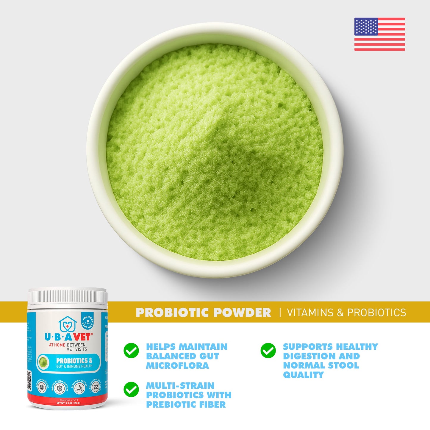UBAVET Probiotics & Gut + Immune Health Support for Dogs & Cats – 5.3 oz / 150 g Powder