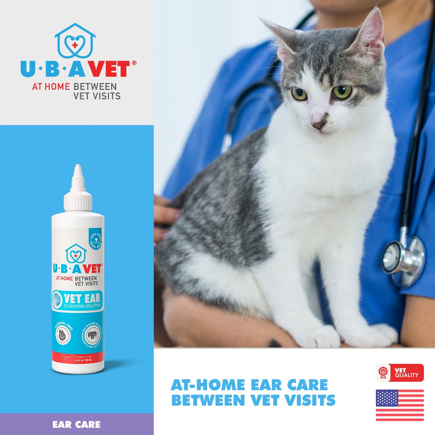 UBAVET Vet Ear Cleansing Solution for Dogs & Cats – (4 fl oz / 120ml)