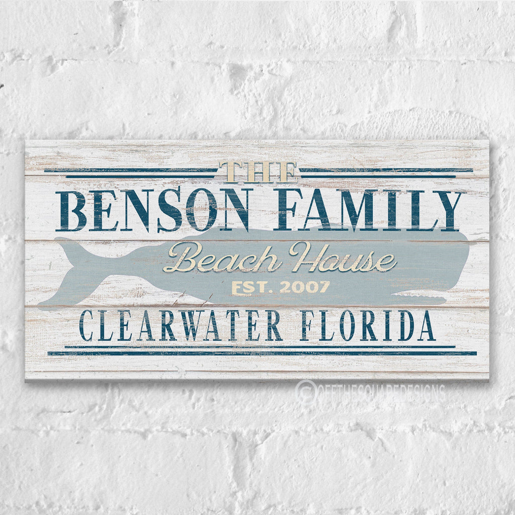 Beach House Family Name Whale Sign | Personalized Beach House Canvas Wall Decor