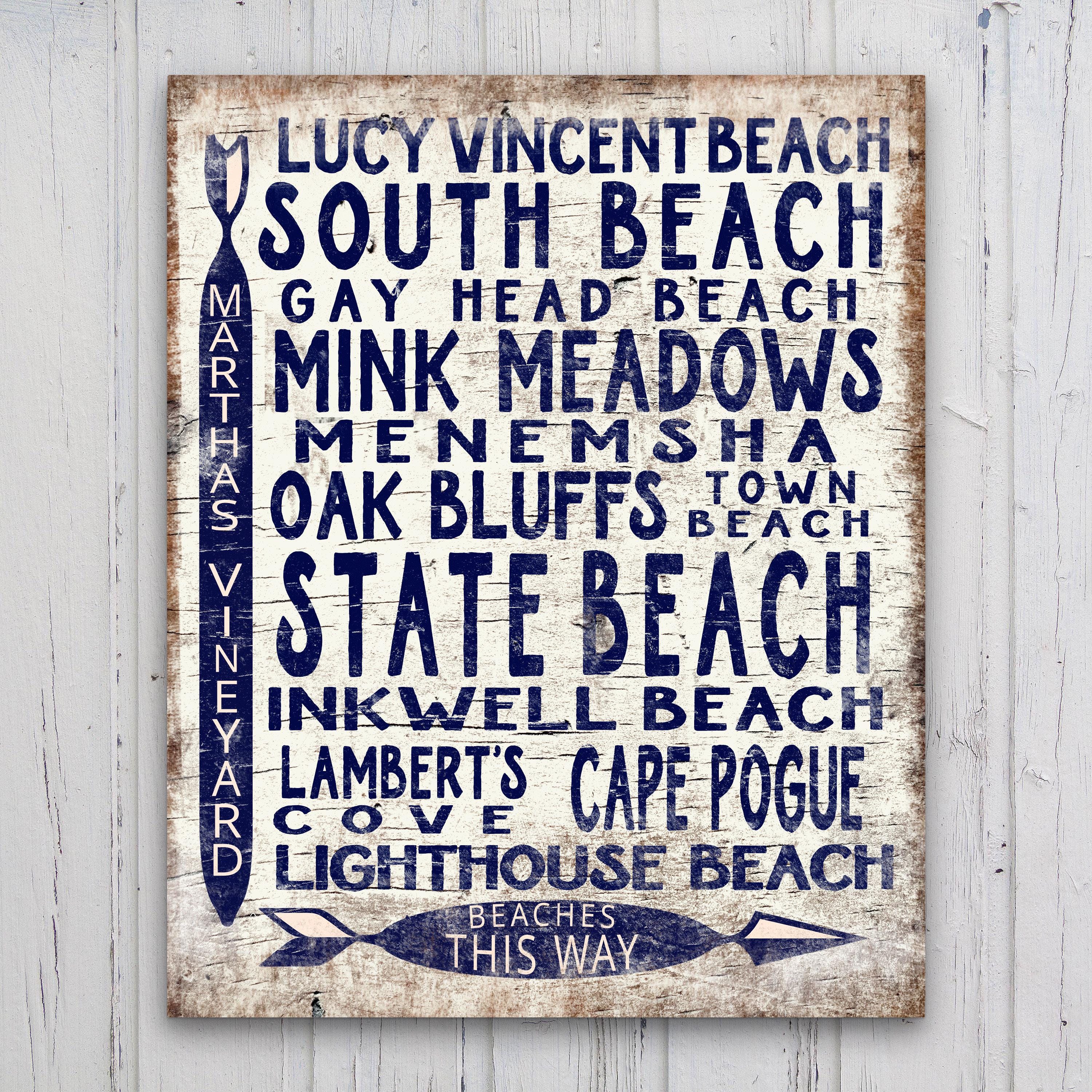 Martha's Vineyard Beaches Sign - Vintage Wood Look Vineyard Arrow Sign