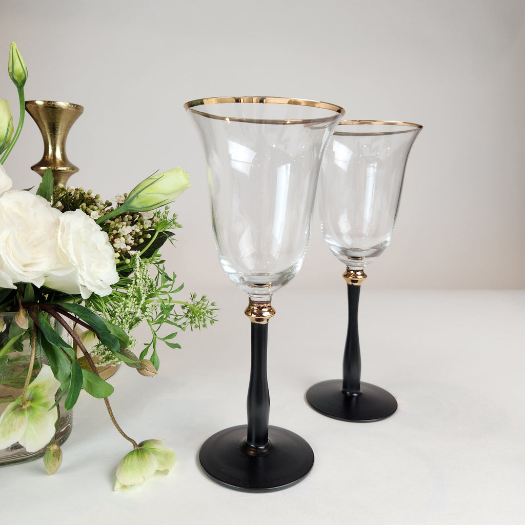 Black Stemmed Clear Wine Glass with Gold Rim- Set of 4