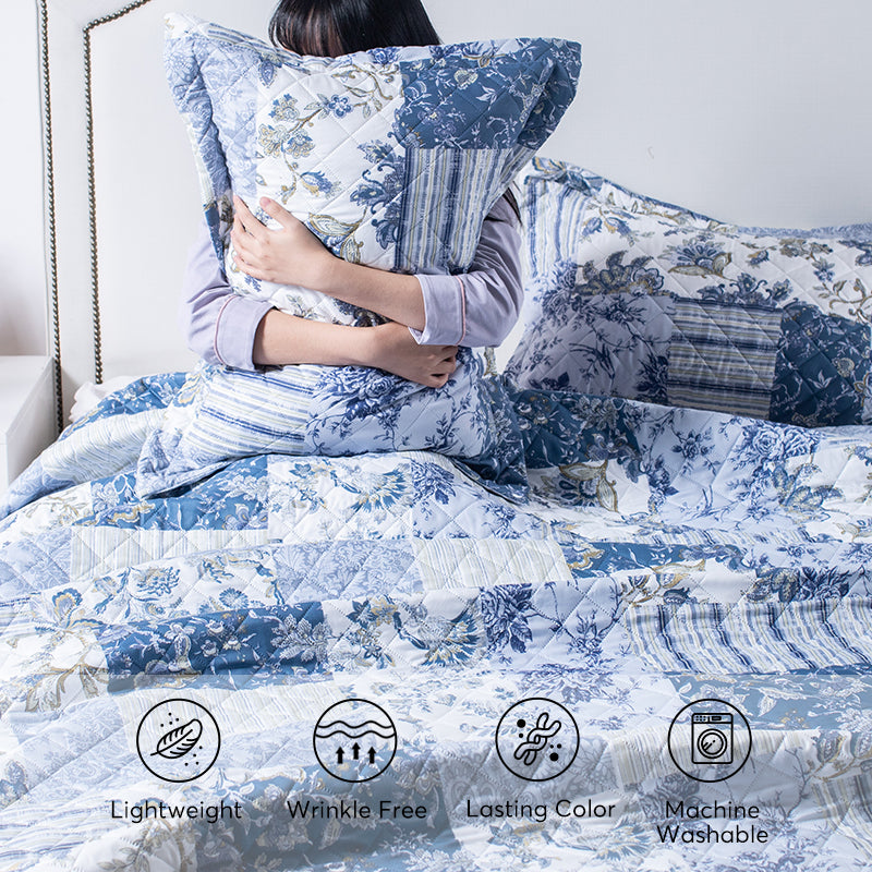 Kasentex Spring Vintage Blue Patchwork Floral Quilt Set - All Season Bedding, Room Decor, Graduation Gifts