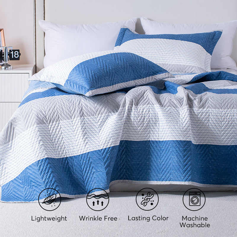 Kasentex Spring Lightweight Reversible Stripe Quilt Set Bedding- Sky Blue and Ivory White, Room Decor, Graduation Gifts, Father's Day Gift
