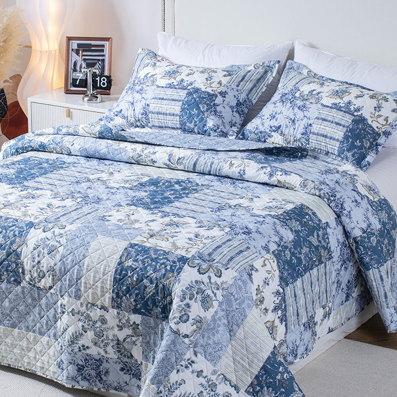 Kasentex Spring Vintage Blue Patchwork Floral Quilt Set - All Season Bedding, Room Decor, Graduation Gifts