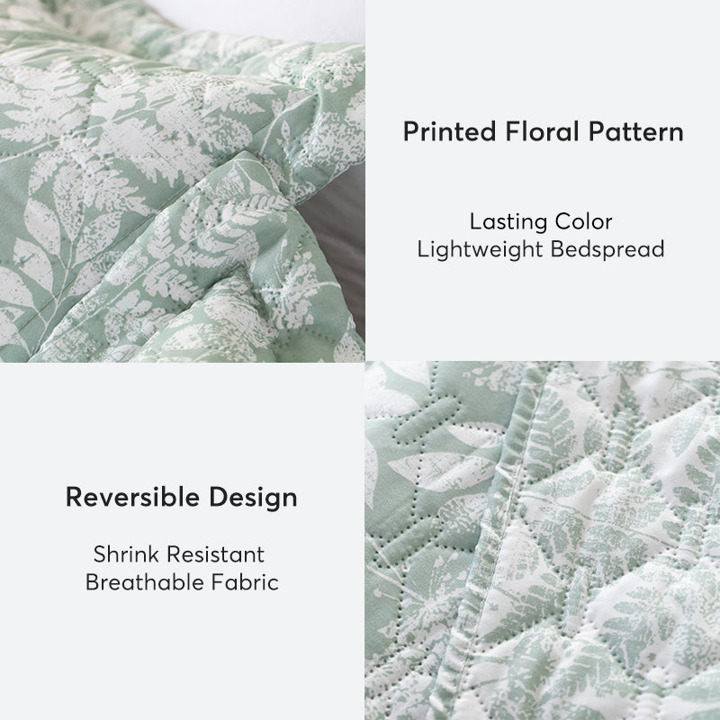 Kasentex Spring Lightweight Botanical Green Floral Quilt Set - Light All Season Bedding, Room Decor, Graduation Gifts