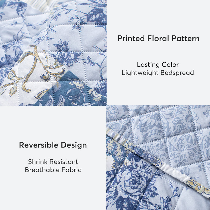 Kasentex Spring Vintage Blue Patchwork Floral Quilt Set - All Season Bedding, Room Decor, Graduation Gifts