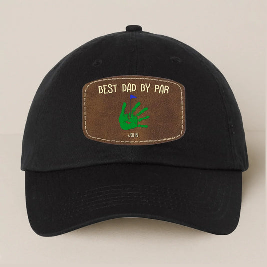 Personalized Best Dad By Par Golf Player Father's Day Gift - Leather Patch Bio-Washed Classic Dad Hat