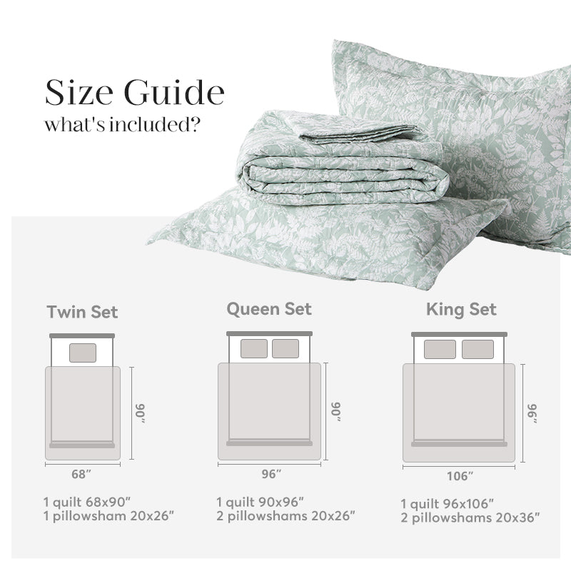 Kasentex Spring Lightweight Botanical Green Floral Quilt Set - Light All Season Bedding, Room Decor, Graduation Gifts