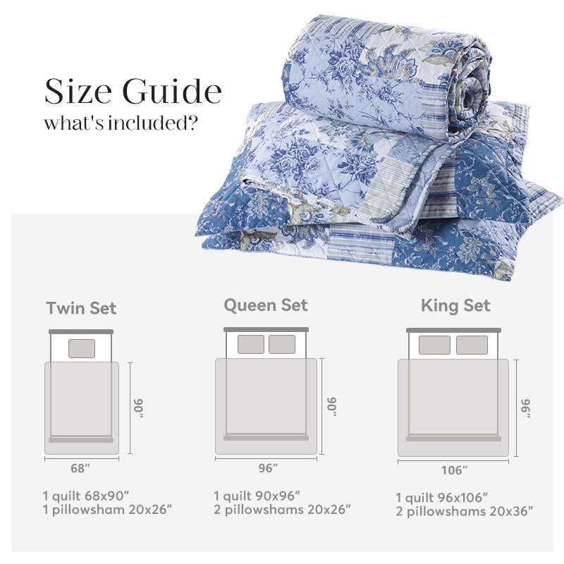 Kasentex Spring Vintage Blue Patchwork Floral Quilt Set - All Season Bedding, Room Decor, Graduation Gifts