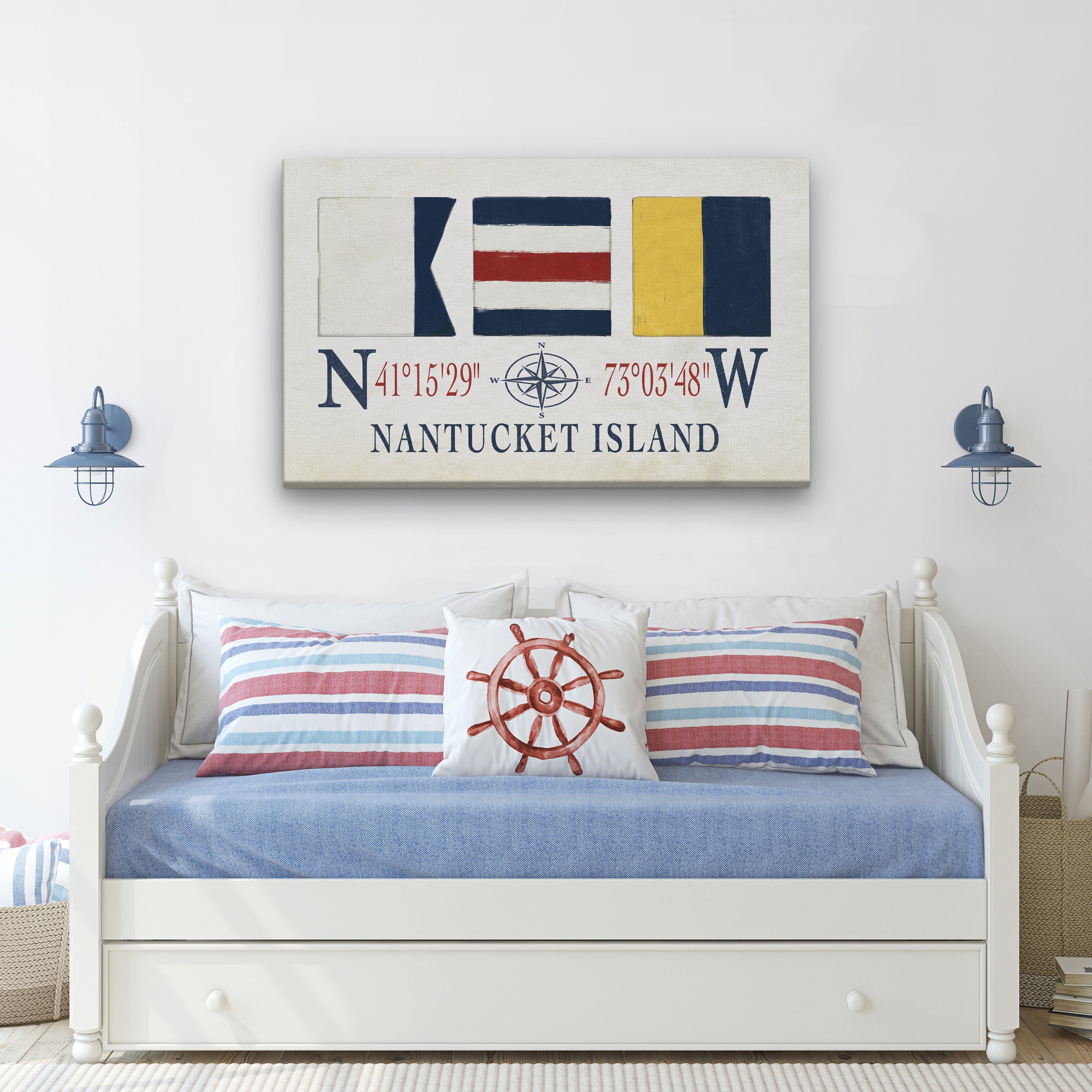 Nantucket Sign With Latitude Longitude Coordinates and ACK Maritime Flags