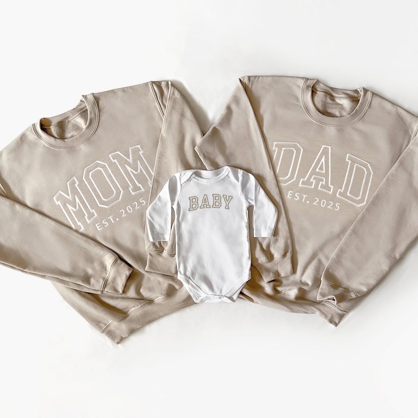 Neutral Custom Embroidered Matching Family Outfits for Mom, Dad and Baby
