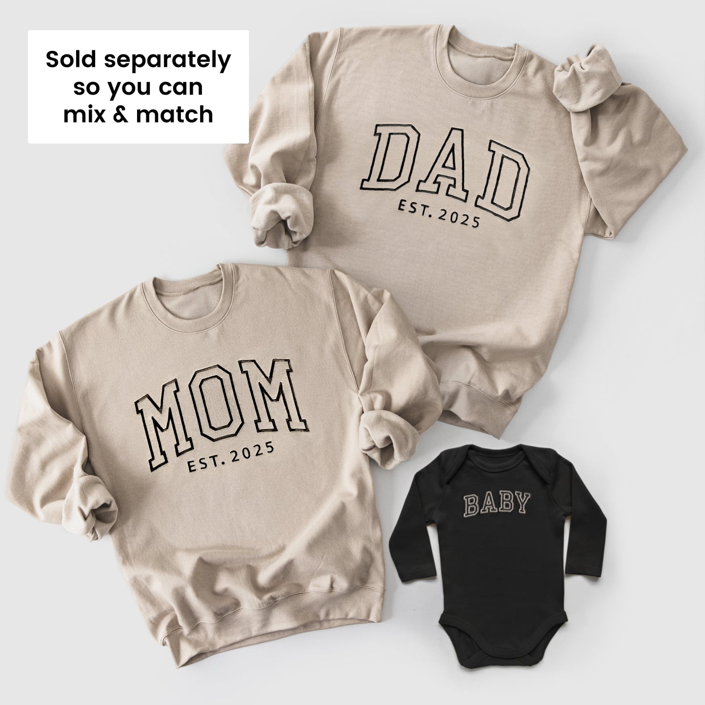 Neutral Custom Embroidered Matching Family Outfits for Mom, Dad and Baby