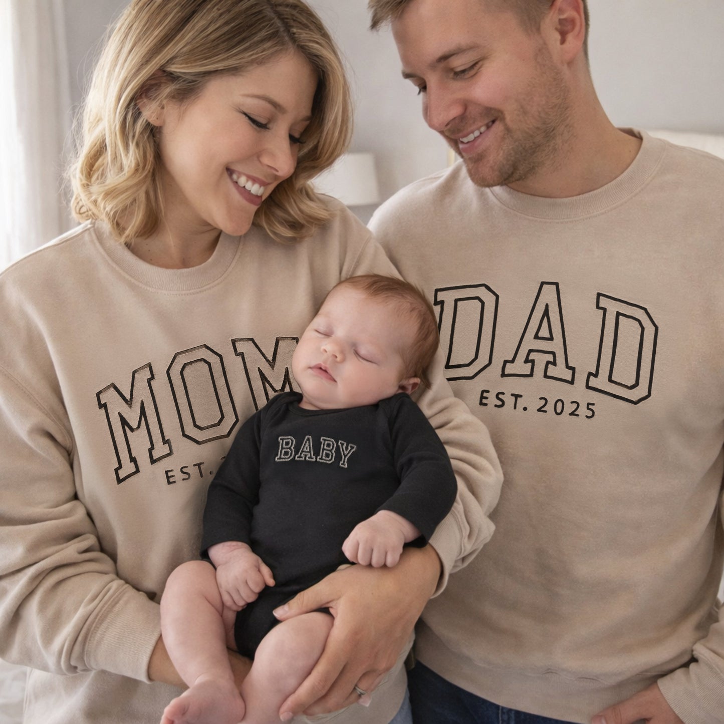 Neutral Custom Embroidered Matching Family Outfits for Mom, Dad and Baby