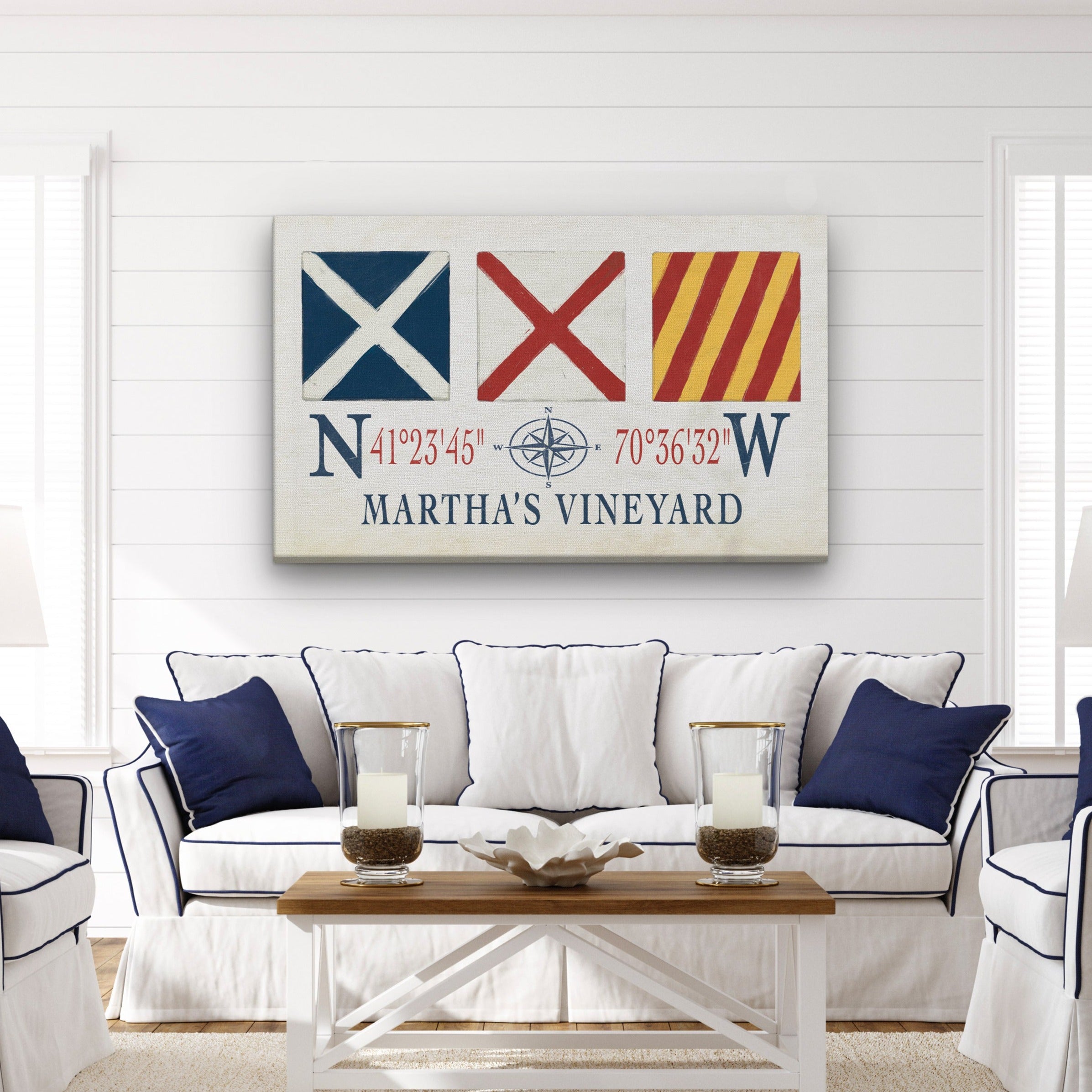 Marthas Vineyard Canvas Print - Nautical Signal Flags & Coordinates