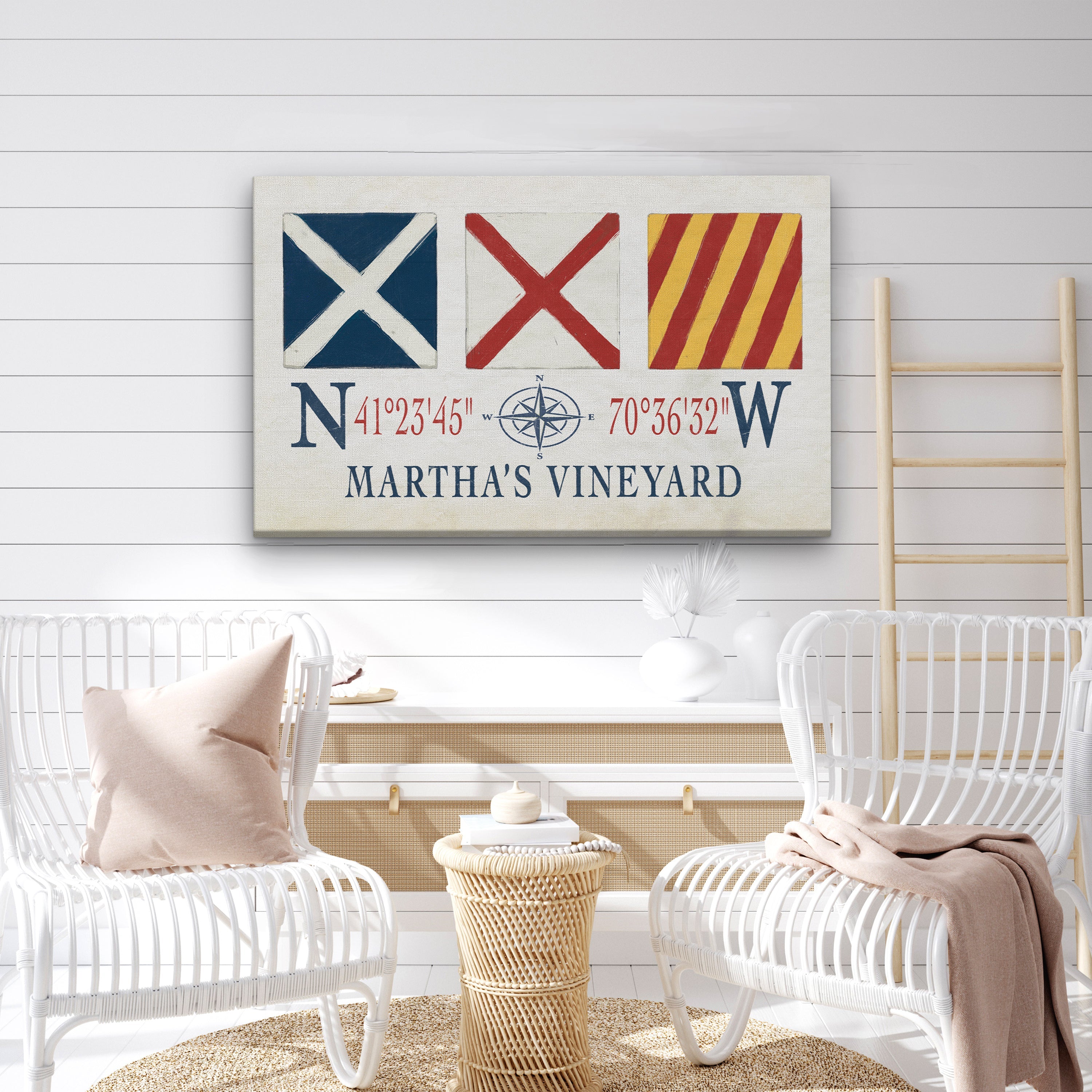 Marthas Vineyard Canvas Print - Nautical Signal Flags & Coordinates