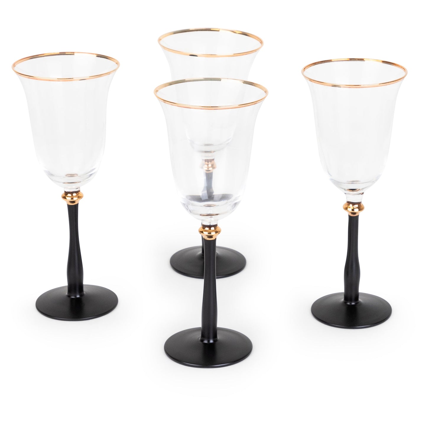Copas de vino transparentes con tallo negro y borde dorado - Juego de 4