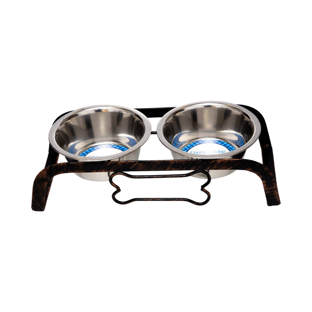 Country Living Rustic Dog Bone Elevated Feeder with 2 Stainless Steel Bowls