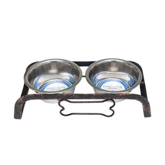 Country Living Rustic Dog Bone Elevated Feeder with 2 Stainless Steel Bowls
