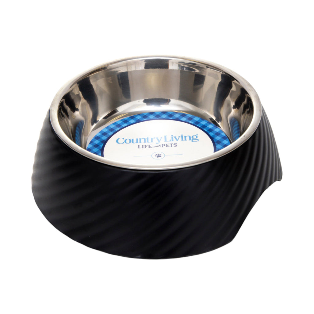 Country Living Set of 2 Round Twill Melamine Dog Bowls with Removable Stainless Steel Inserts – Black