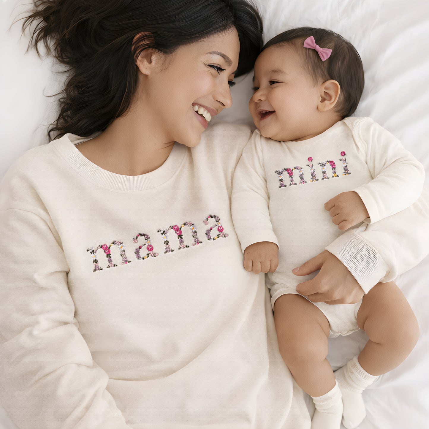 Cream Floral Mother Daughter Matching Outfits