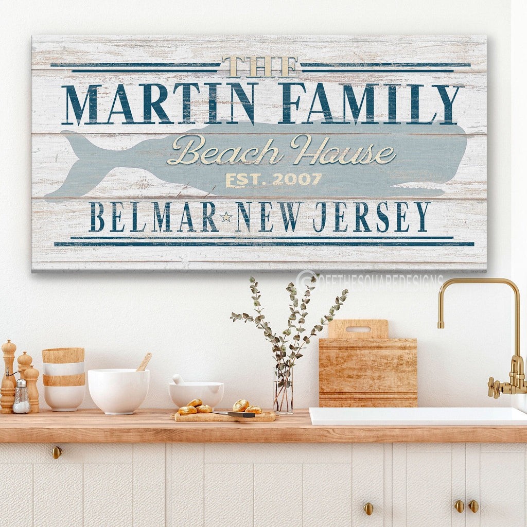 Beach House Family Name Whale Sign | Personalized Beach House Canvas Wall Decor