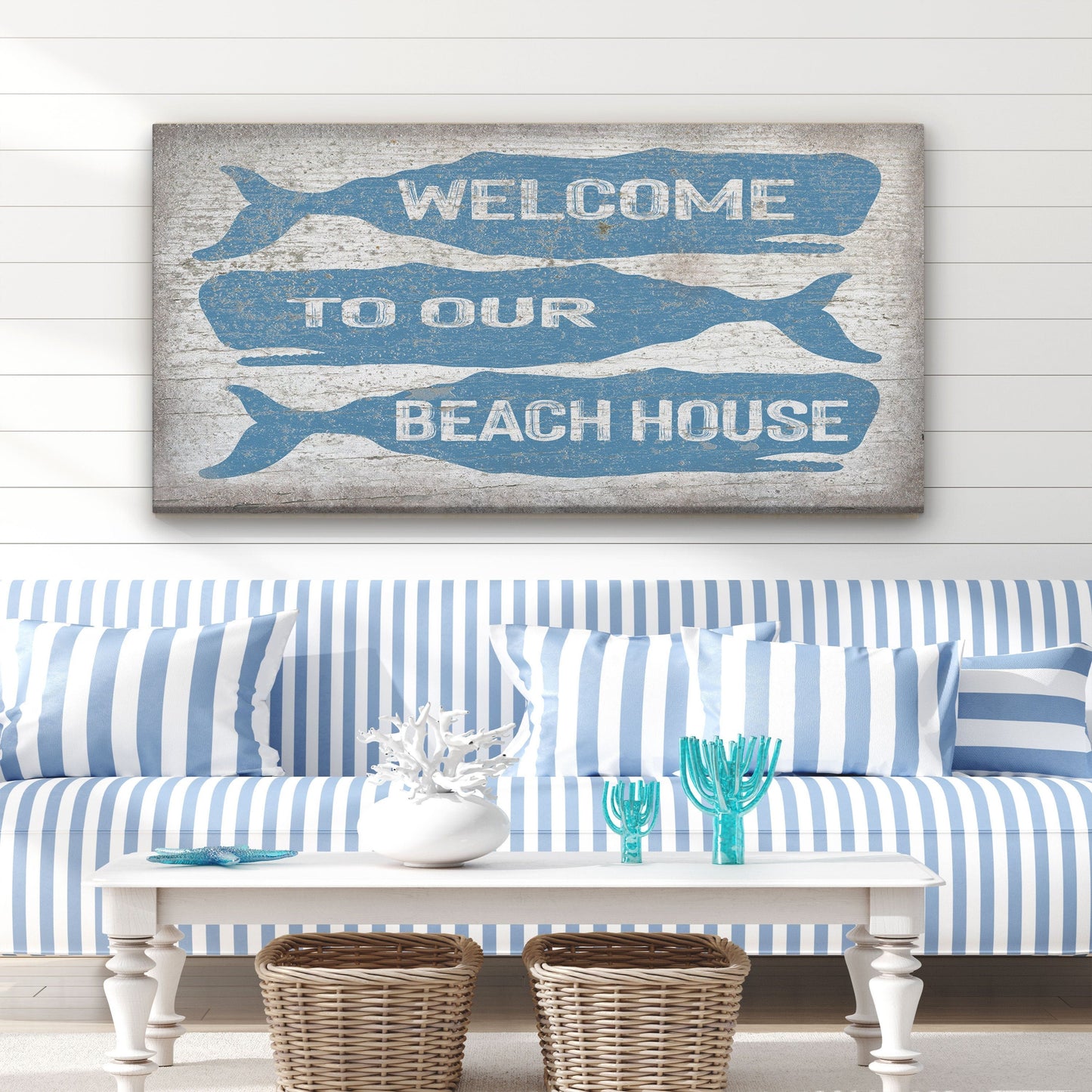 Welcome Sign with Whale - Beach House Name Sign - Coastal Wall Art