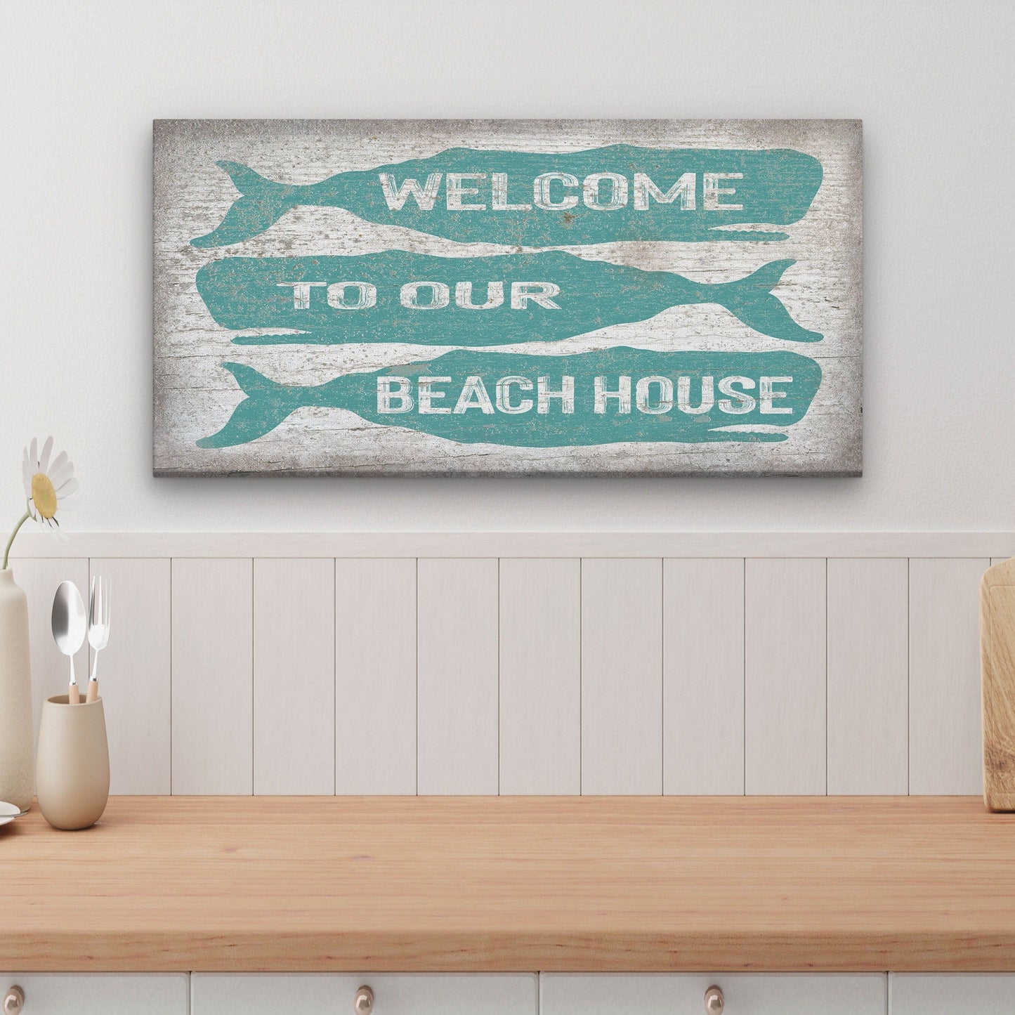 Welcome Sign with Whale - Beach House Name Sign - Coastal Wall Art