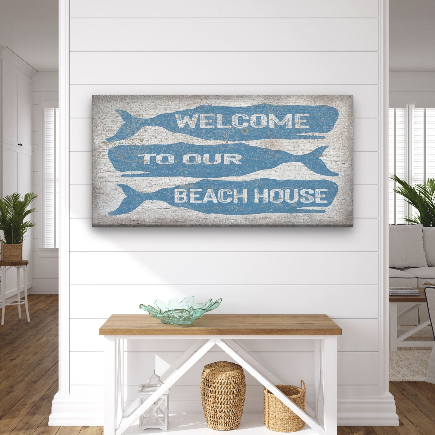Welcome Sign with Whale - Beach House Name Sign - Coastal Wall Art