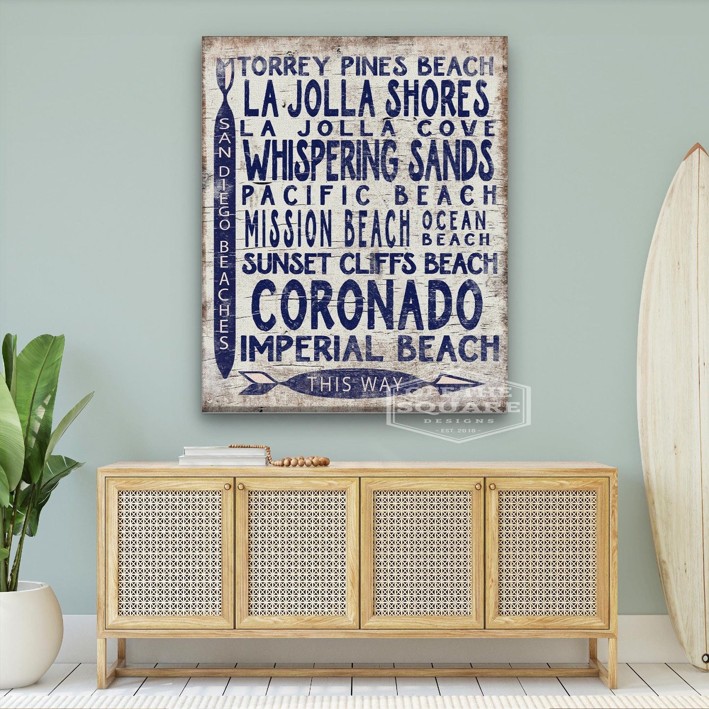 San Diego Beaches Sign - Vintage Wood Look Arrow