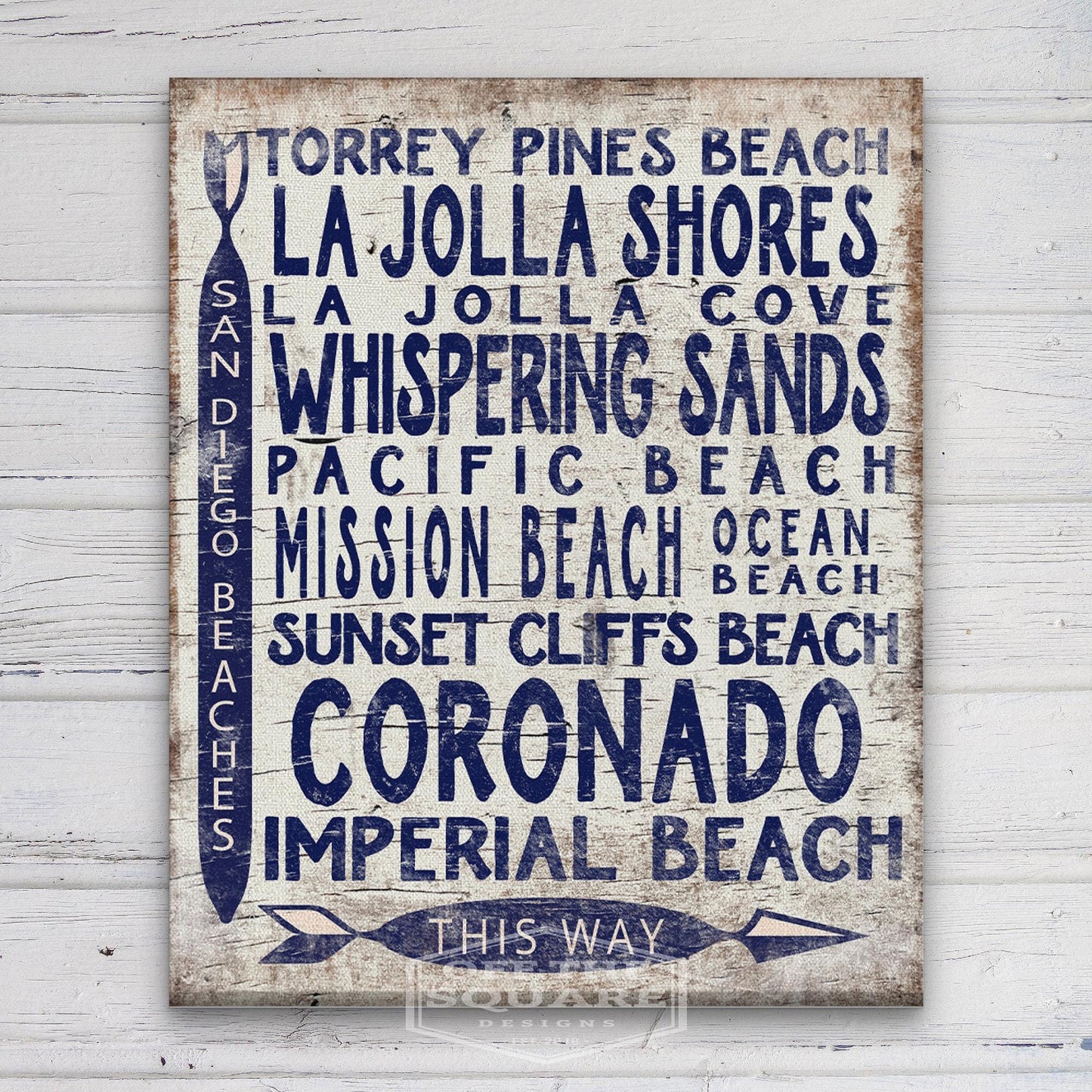 San Diego Beaches Sign - Vintage Wood Look Arrow