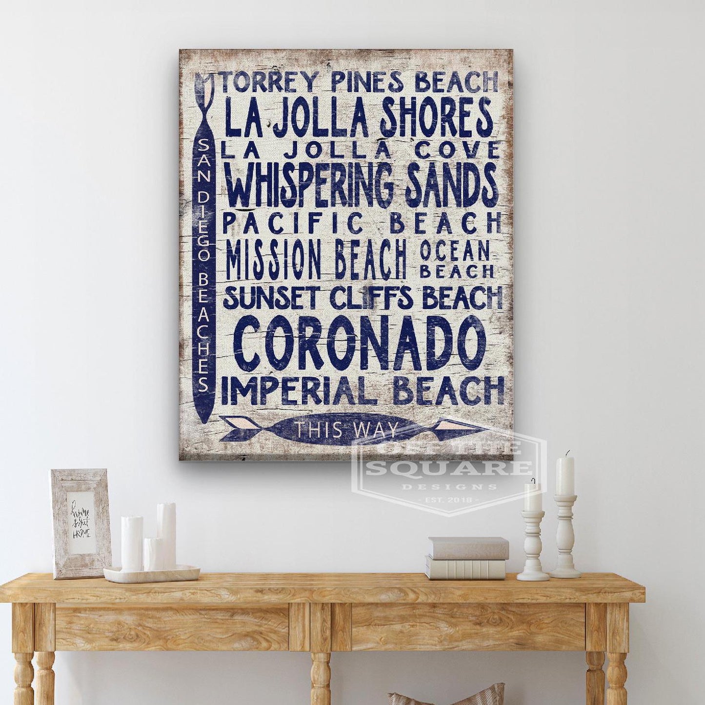 San Diego Beaches Sign - Vintage Wood Look Arrow