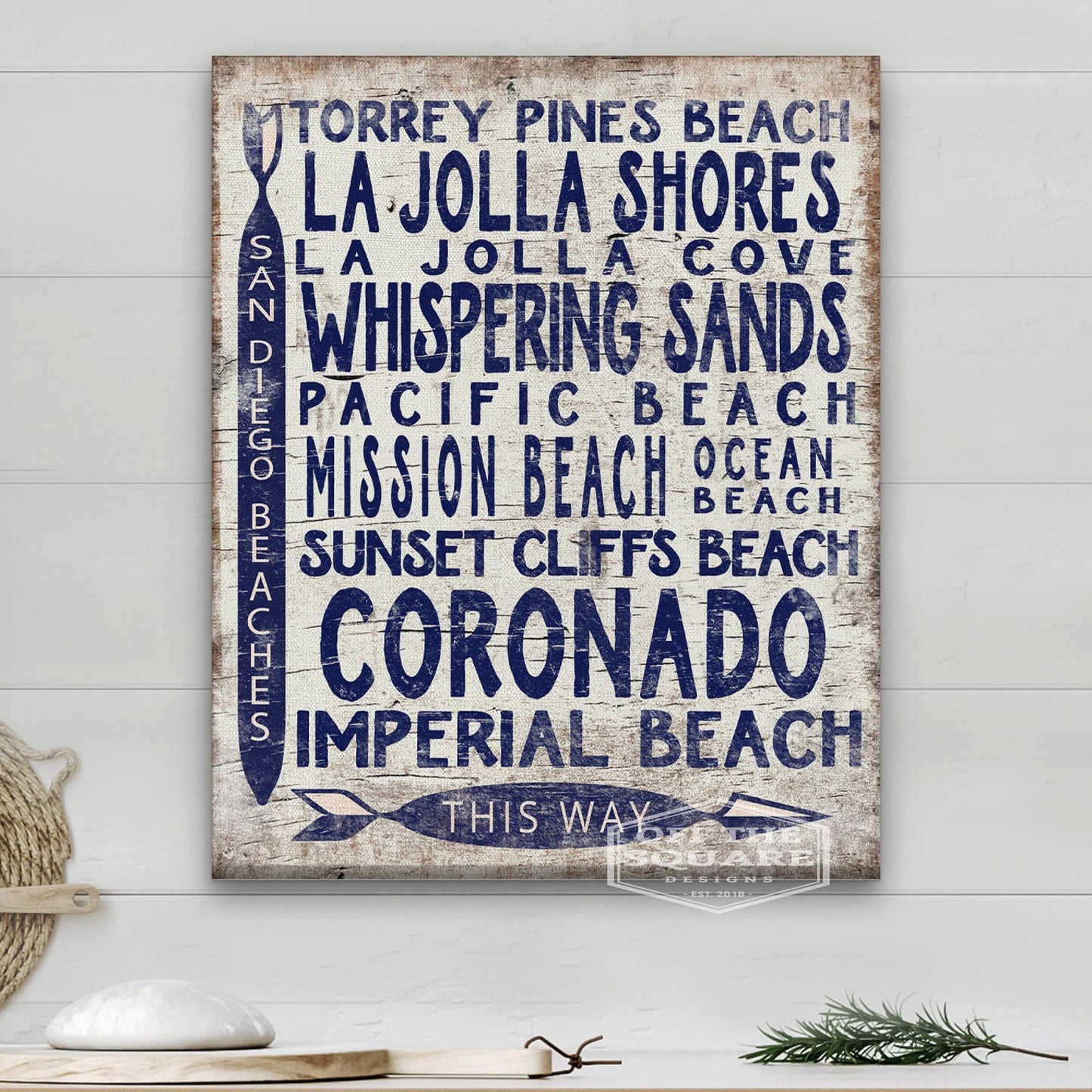 San Diego Beaches Sign - Vintage Wood Look Arrow