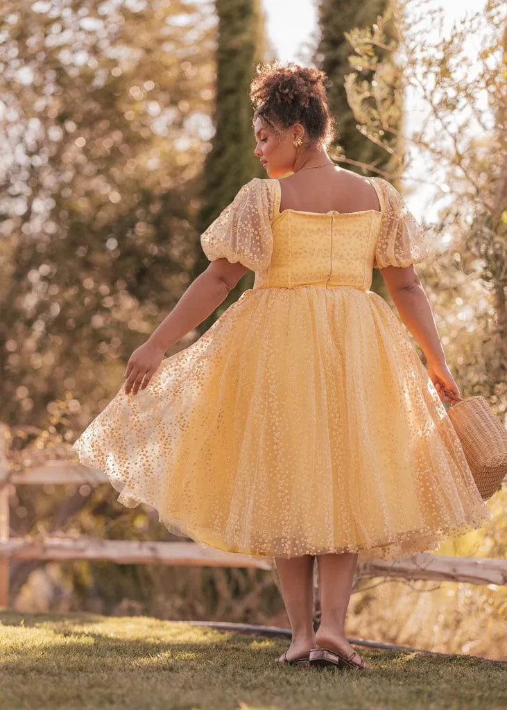 Everbloom Puff Sleeve Midi Dress in Yellow