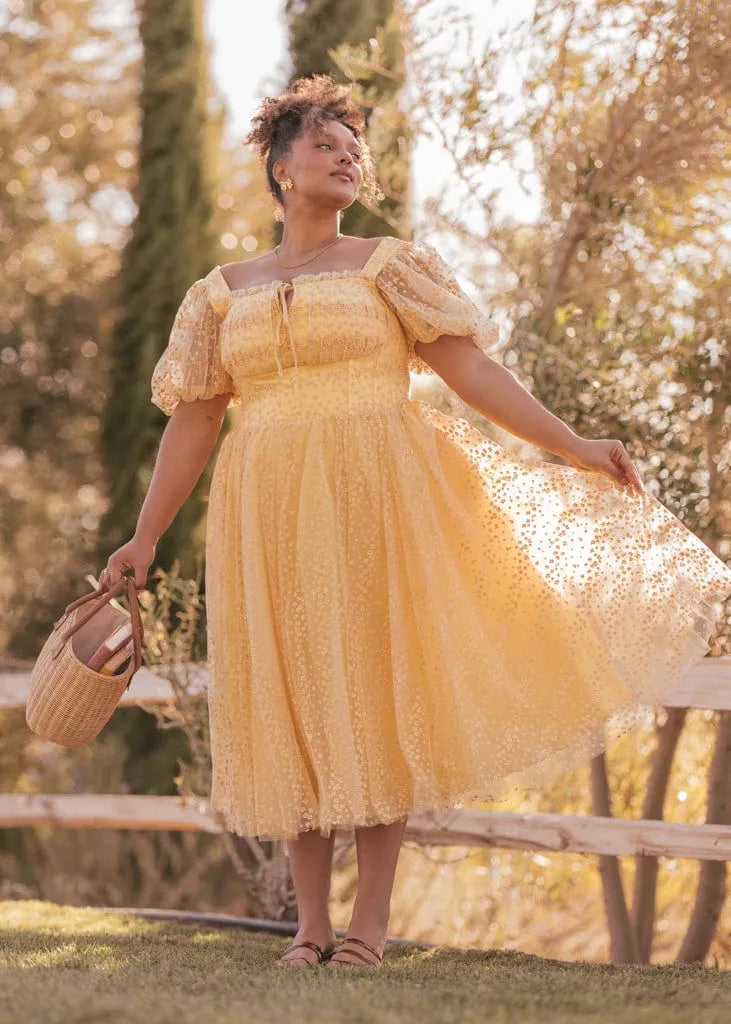Everbloom Puff Sleeve Midi Dress in Yellow