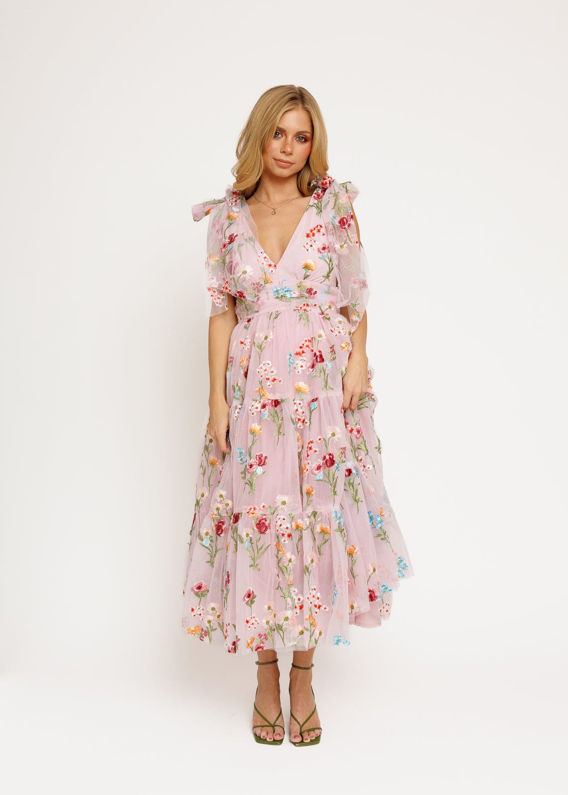 Margaret Floral Embroidered Midi Dress Pink
