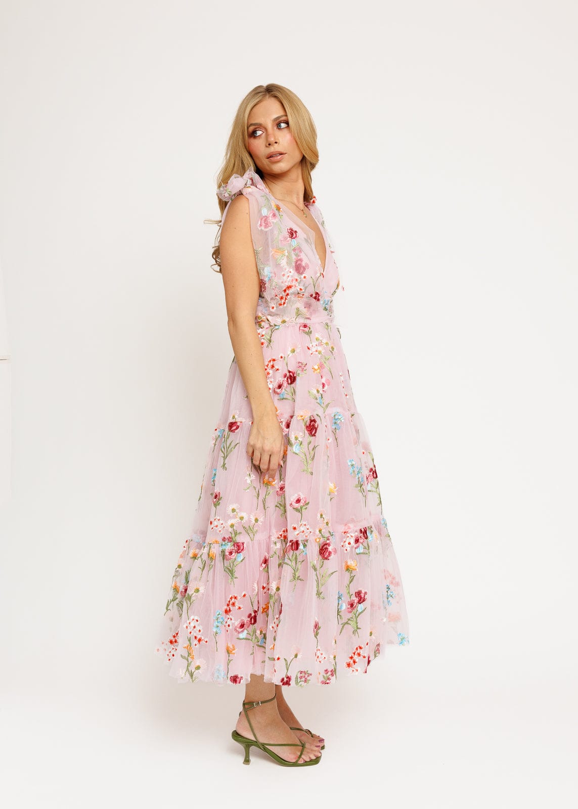 Margaret Floral Embroidered Midi Dress Pink