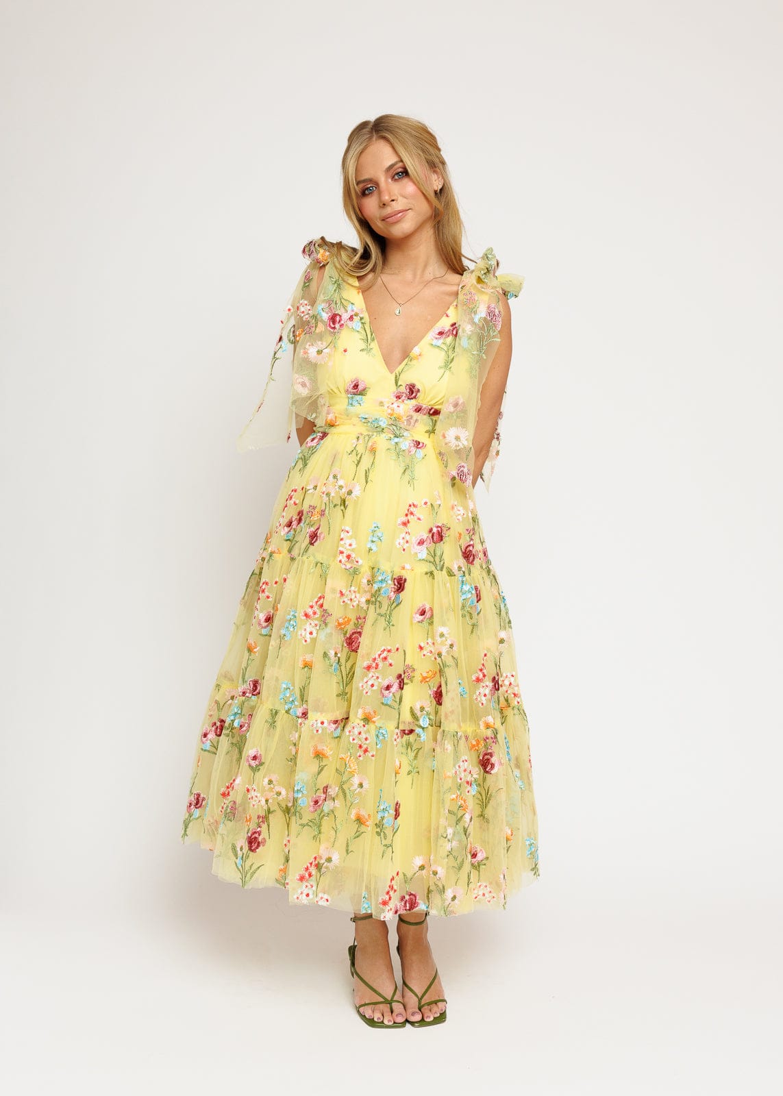 Margaret Floral Embroidered Midi Dress Yellow