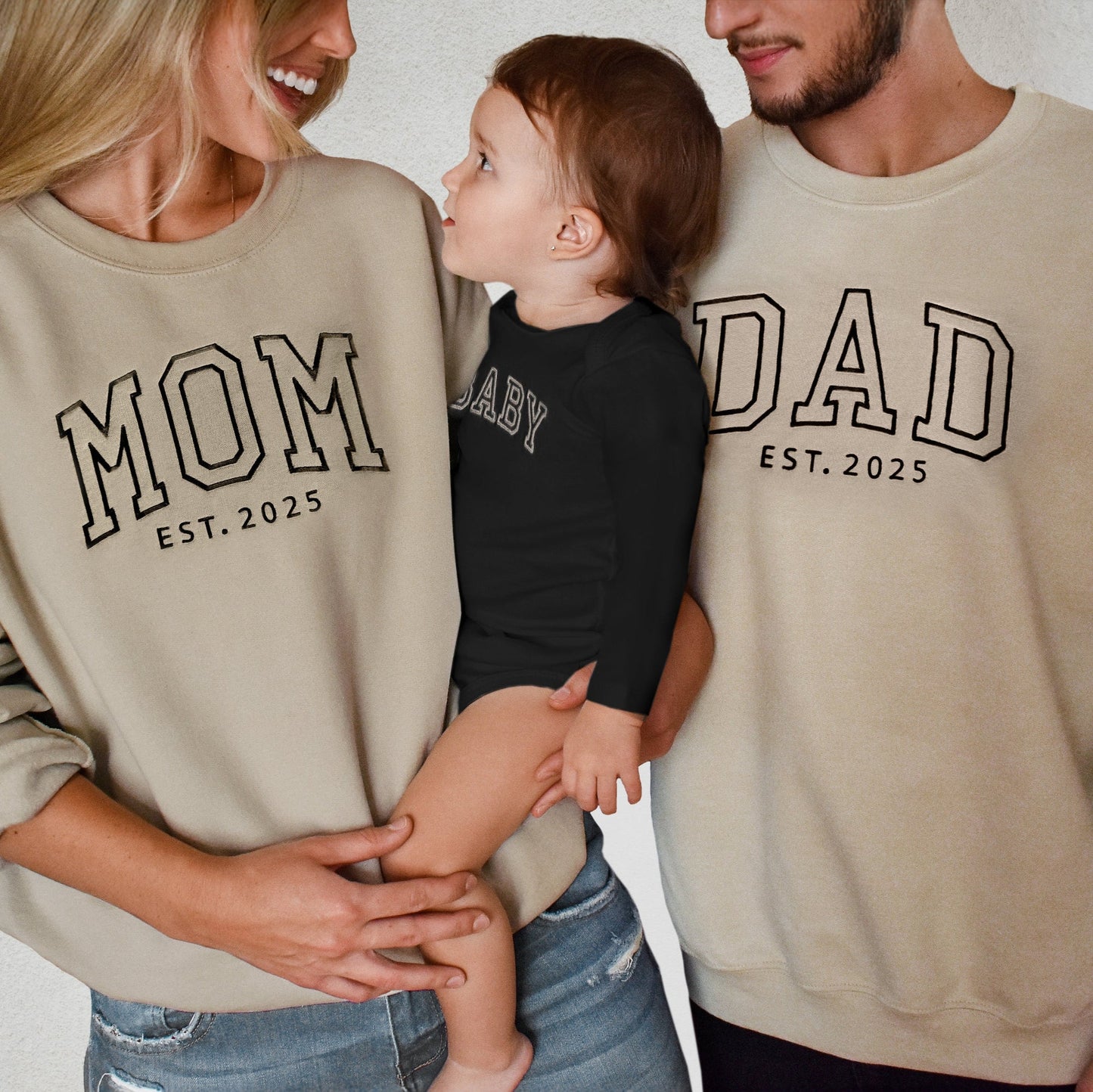 Neutral Custom Embroidered Matching Family Outfits for Mom, Dad and Baby