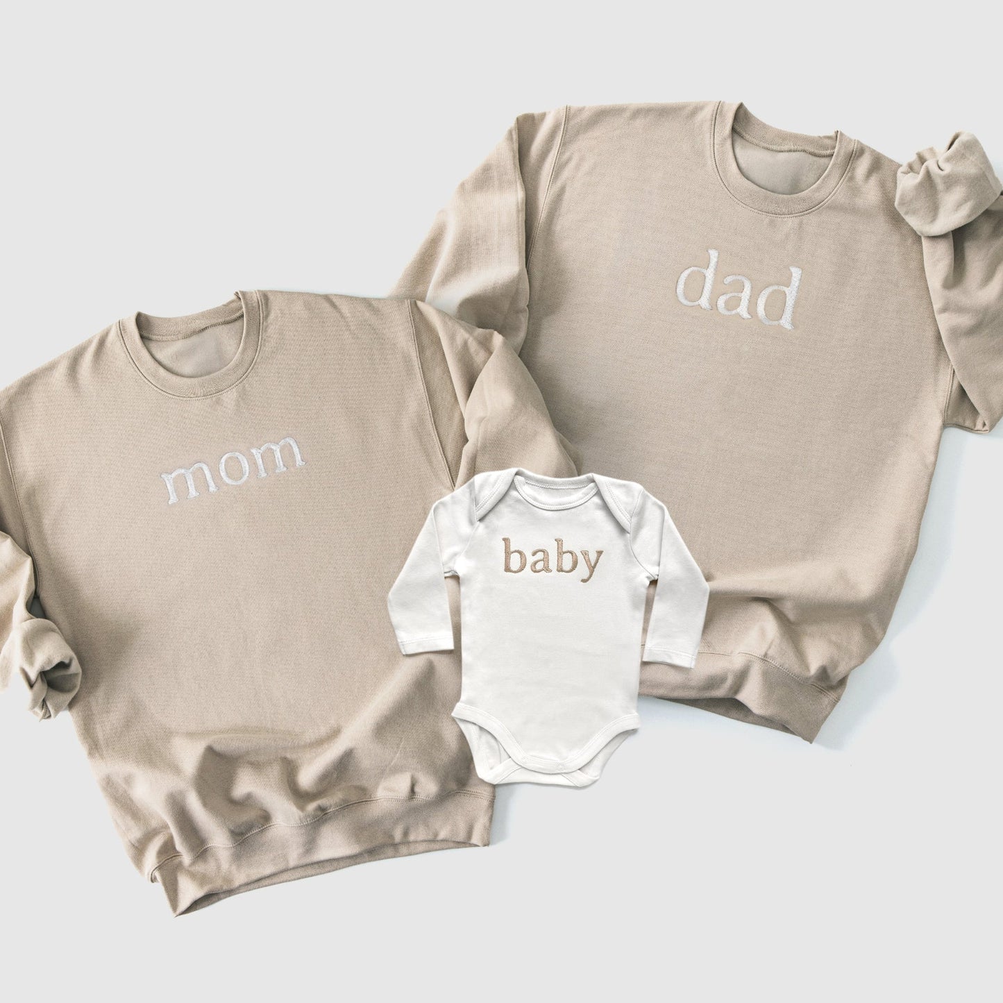 Neutral Family Matching Custom Embroidered Sweatshirts and Baby Outfits