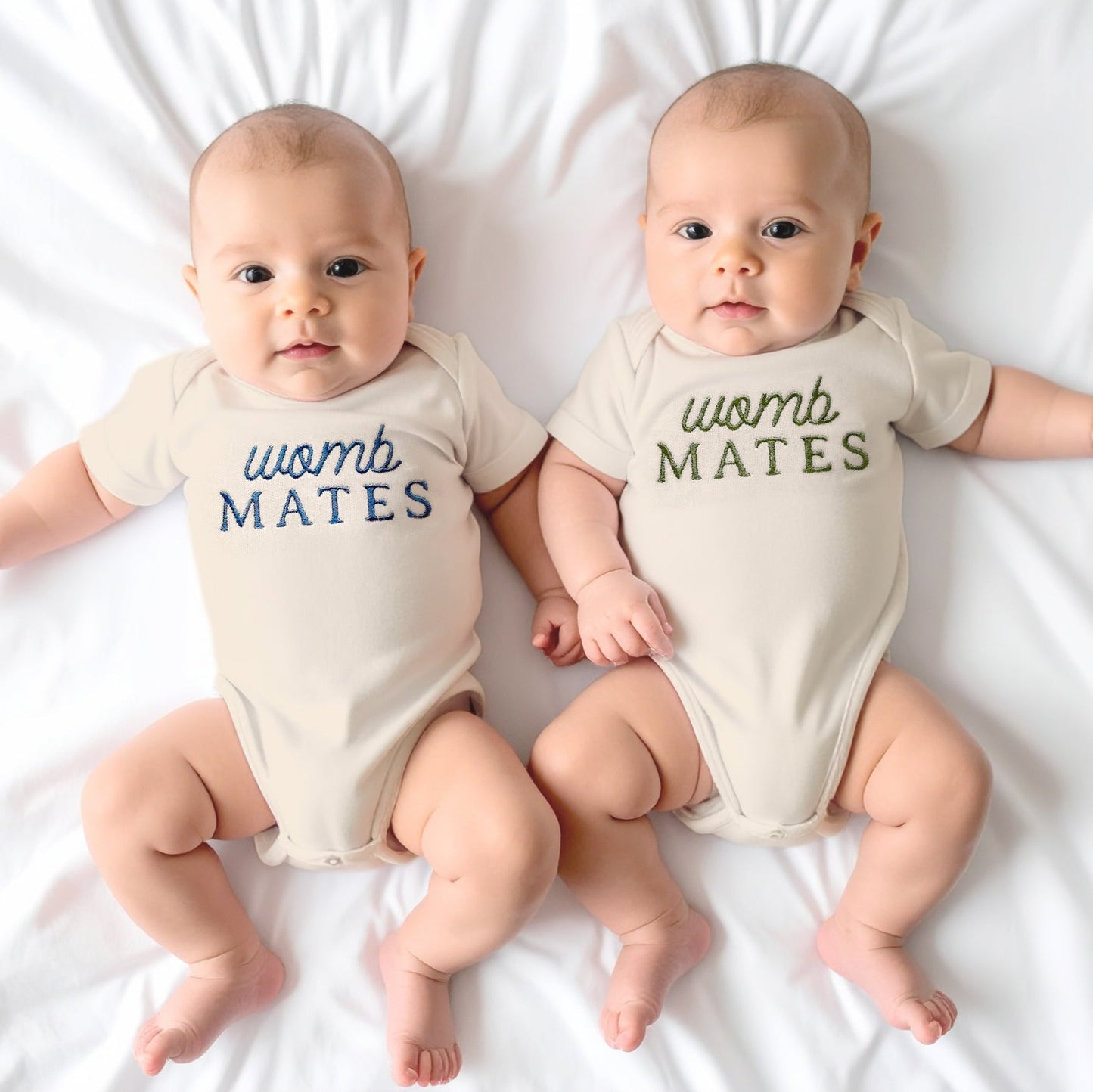 Custom "Womb Mates" Embroidered Baby Outfits for Twins & Triplets