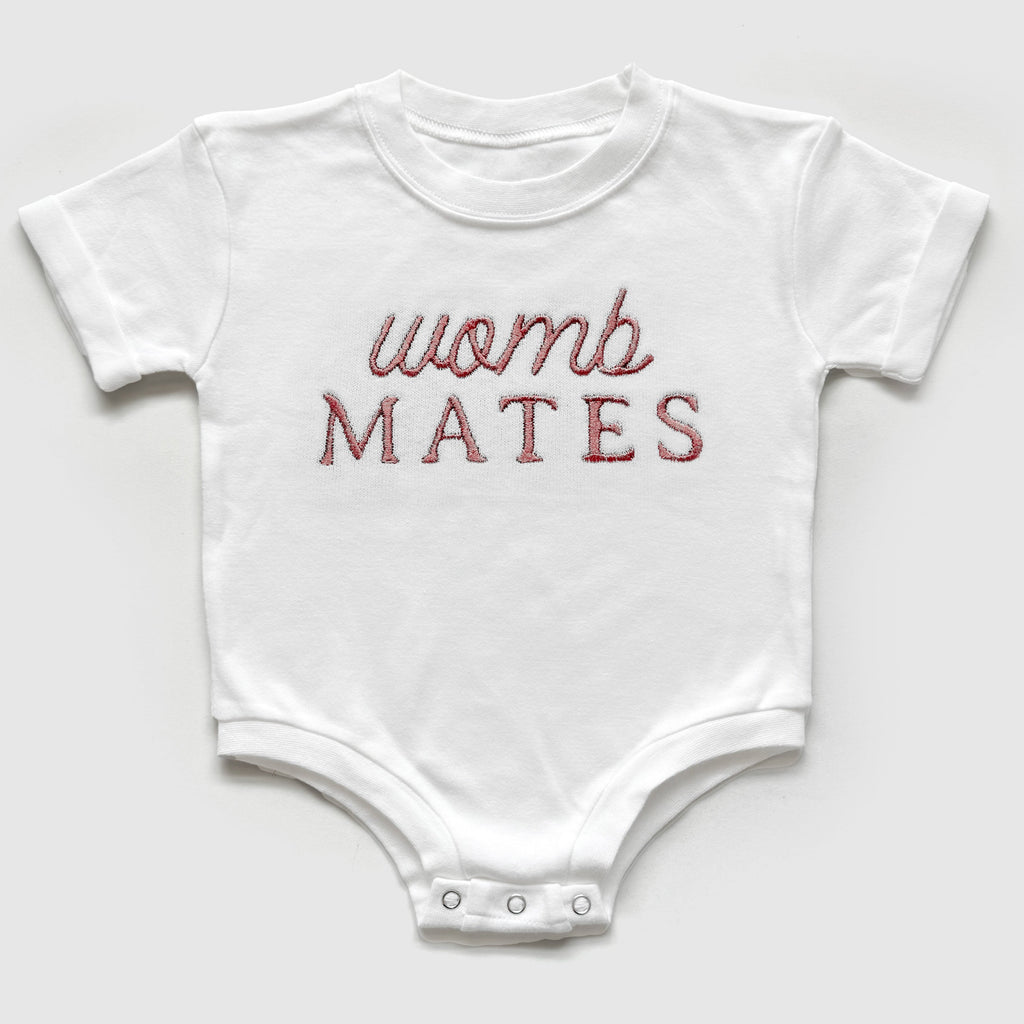 Custom "Womb Mates" Embroidered Baby Outfits for Twins & Triplets