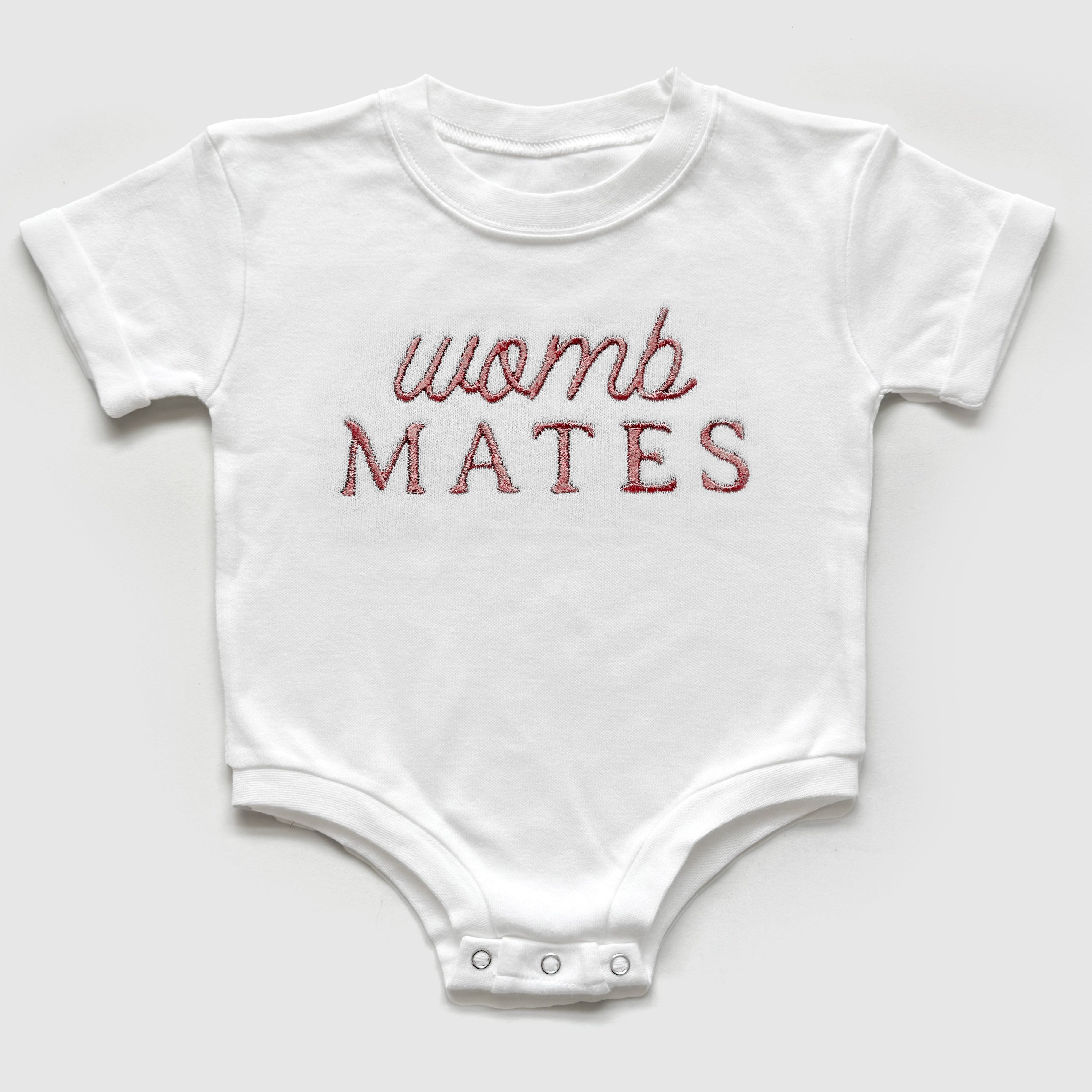 Custom "Womb Mates" Embroidered Baby Outfits for Twins & Triplets